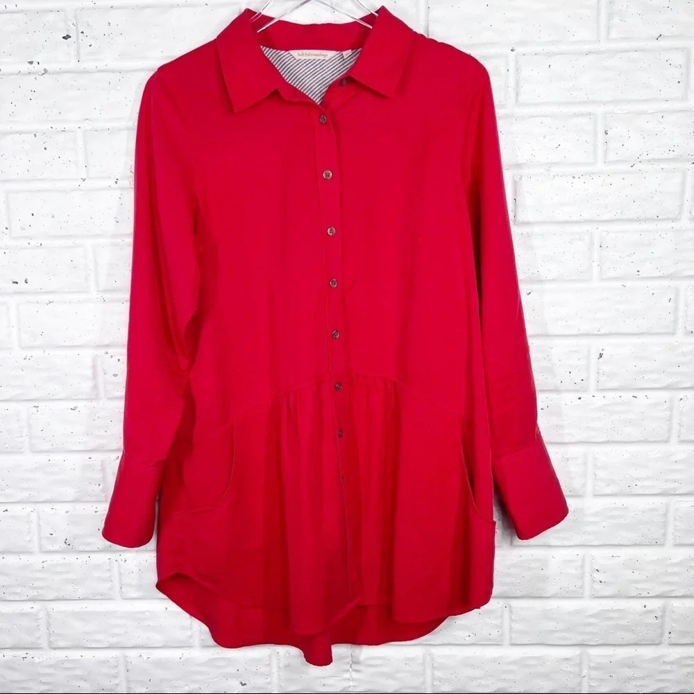 SOFT SURROUNDINGS Red Button Down Long Sleeve Top Ruffle Hem